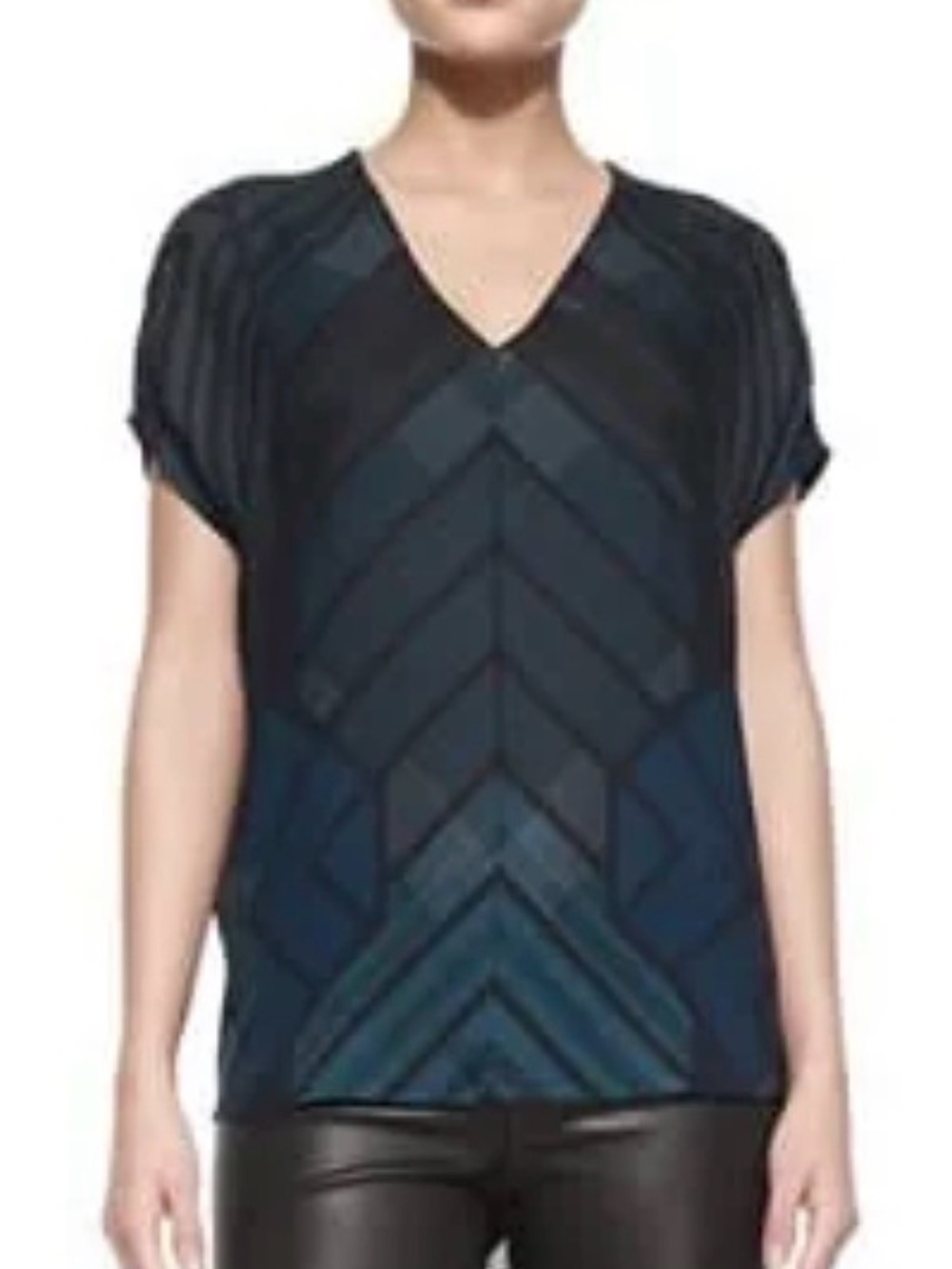 Vince Blue and Navy Geometric V-Neck Blouse